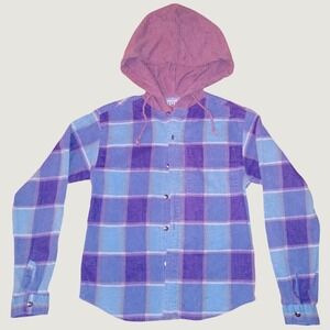 Hysteria Hooded Flannel Shirt Womens Size S Purple Blue Plaid Button Up Vintage
